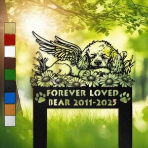 Poodle resting in a curled sleeping pose within a daisy floral border on a personalized metal garden stake, with paw print cutouts at the base.