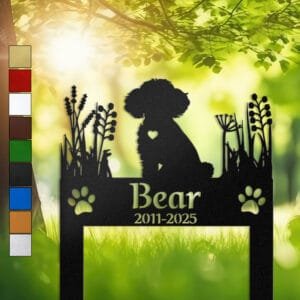 Poodle silhouette in a sitting pose with a heart cutout, framed by wild grasses on a personalized metal garden stake.