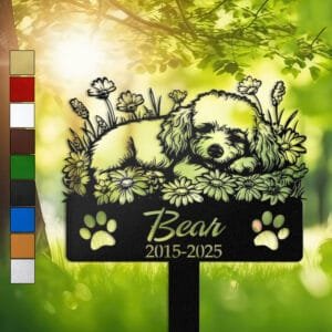 Poodle resting in a peaceful sleeping pose within a daisy floral border on a personalized metal garden stake, with paw print cutouts at the base.