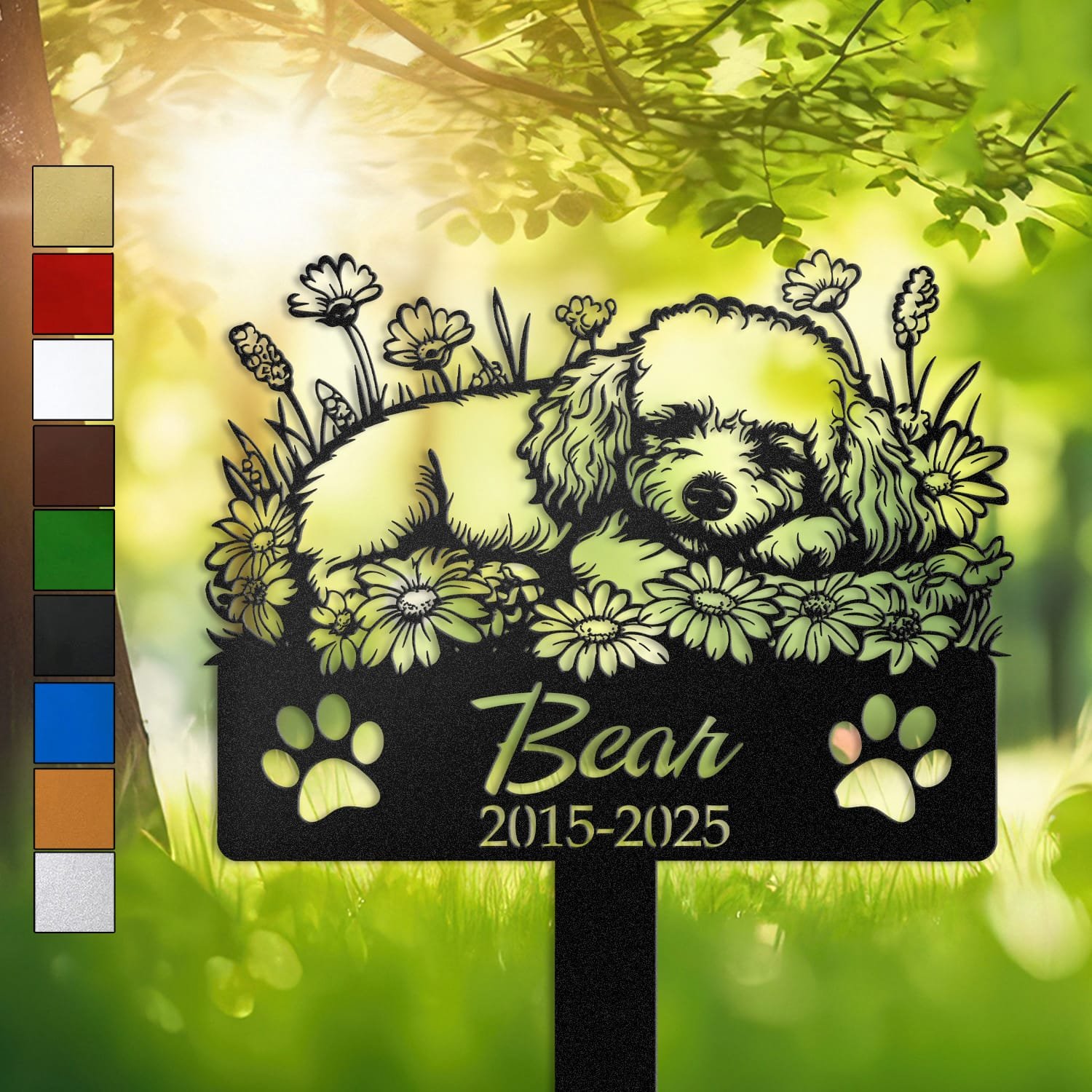 Poodle resting in a peaceful sleeping pose within a daisy floral border on a personalized metal garden stake, with paw print cutouts at the base.