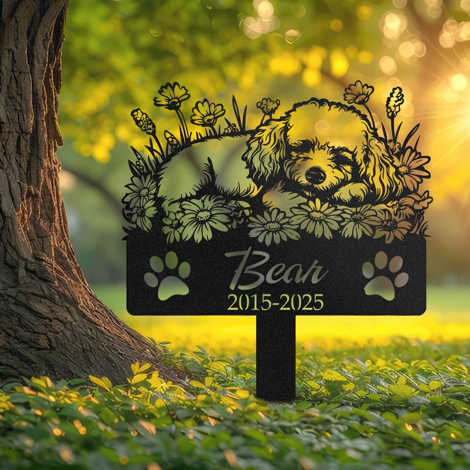 Poodle pet grave marker displayed outdoors in a garden setting, showing the personalized sleeping-pose daisy floral design in place on the stake.