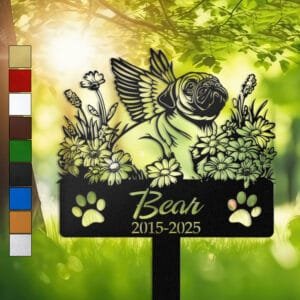 Pug silhouette with angel wings surrounded by a daisy floral border on a personalized metal garden stake, with paw print cutouts at the base.