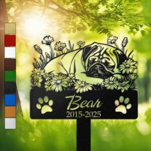 Pug resting in a peaceful sleeping pose within a daisy floral border on a personalized metal garden stake, with paw print cutouts at the base.