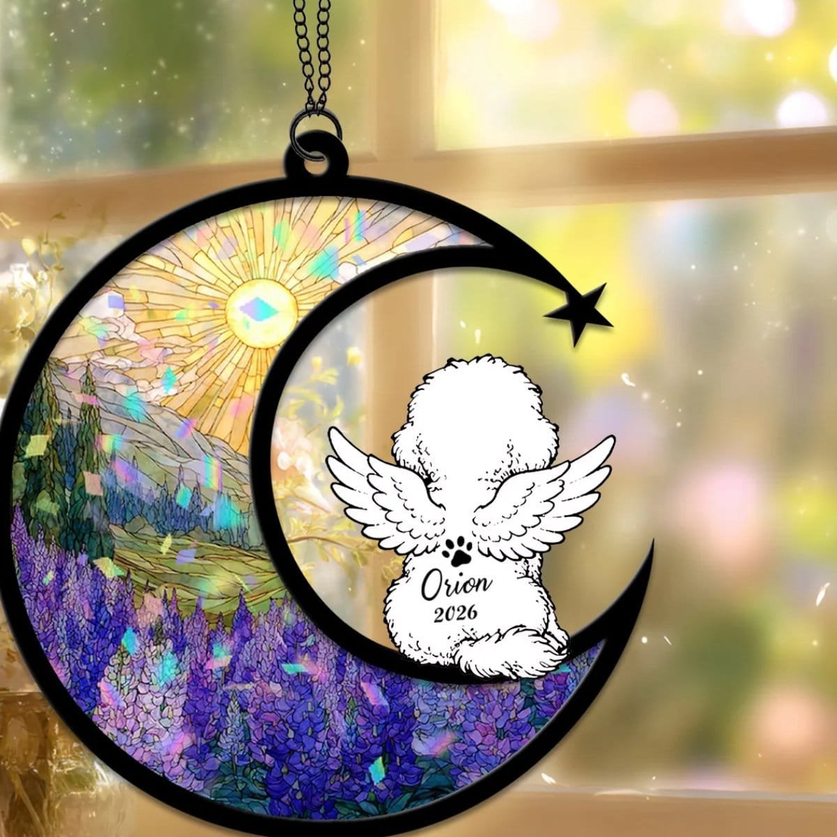 Personalized pet memorial suncatcher with an angel-wing silhouette, an idea for a small remembrance ritual