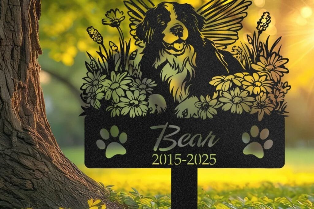 Personalized pet memorial grave marker beside a tree, a dedicated spot for a remembrance ritual