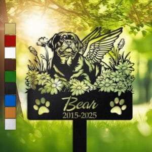 Rottweiler silhouette with angel wings surrounded by a daisy floral border on a personalized metal garden stake, with paw print cutouts at the base.
