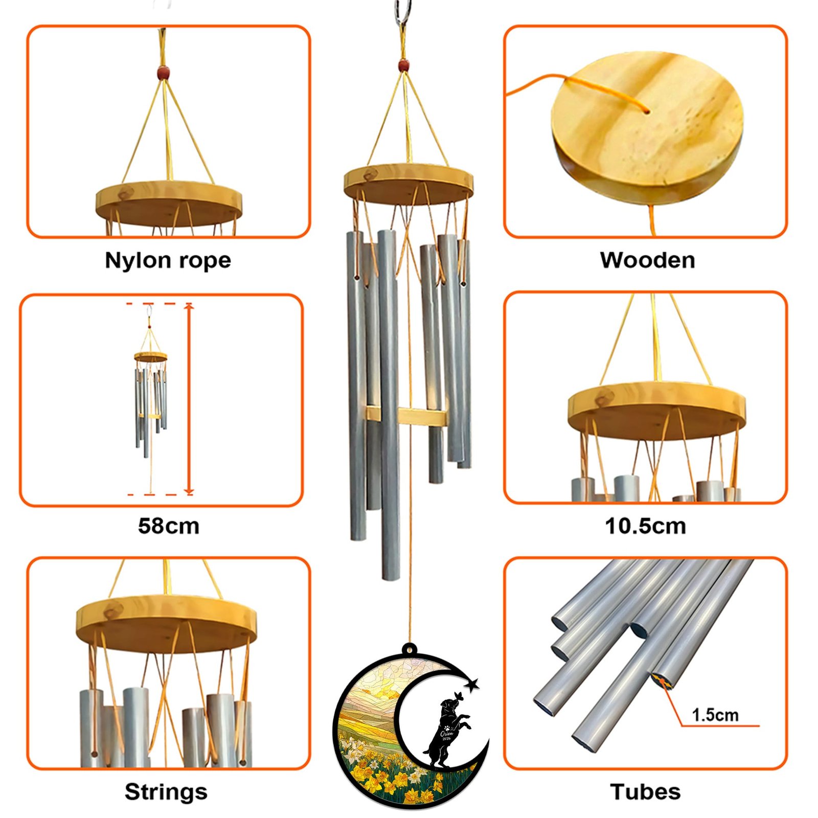 Detail collage of the Rottweiler wind chime showing the nylon rope, wooden top, strings, aluminum tubes, 58 cm length and 10.5 cm width