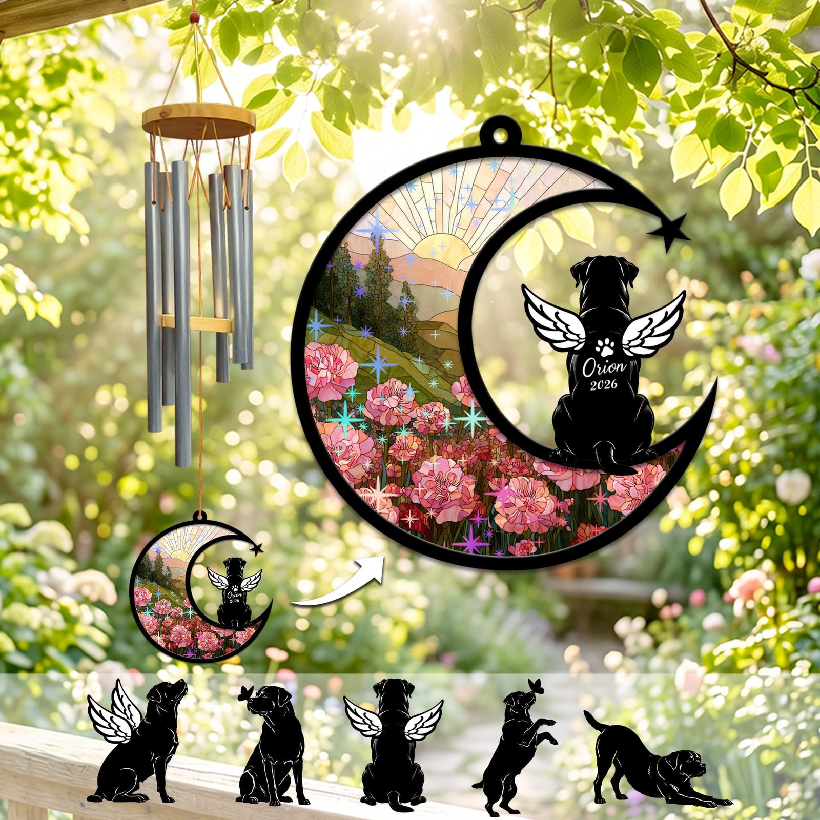 Stained-glass memorial wind chime suncatcher showing a Rottweiler silhouette with angel wings sitting on a crescent moon over pink carnations