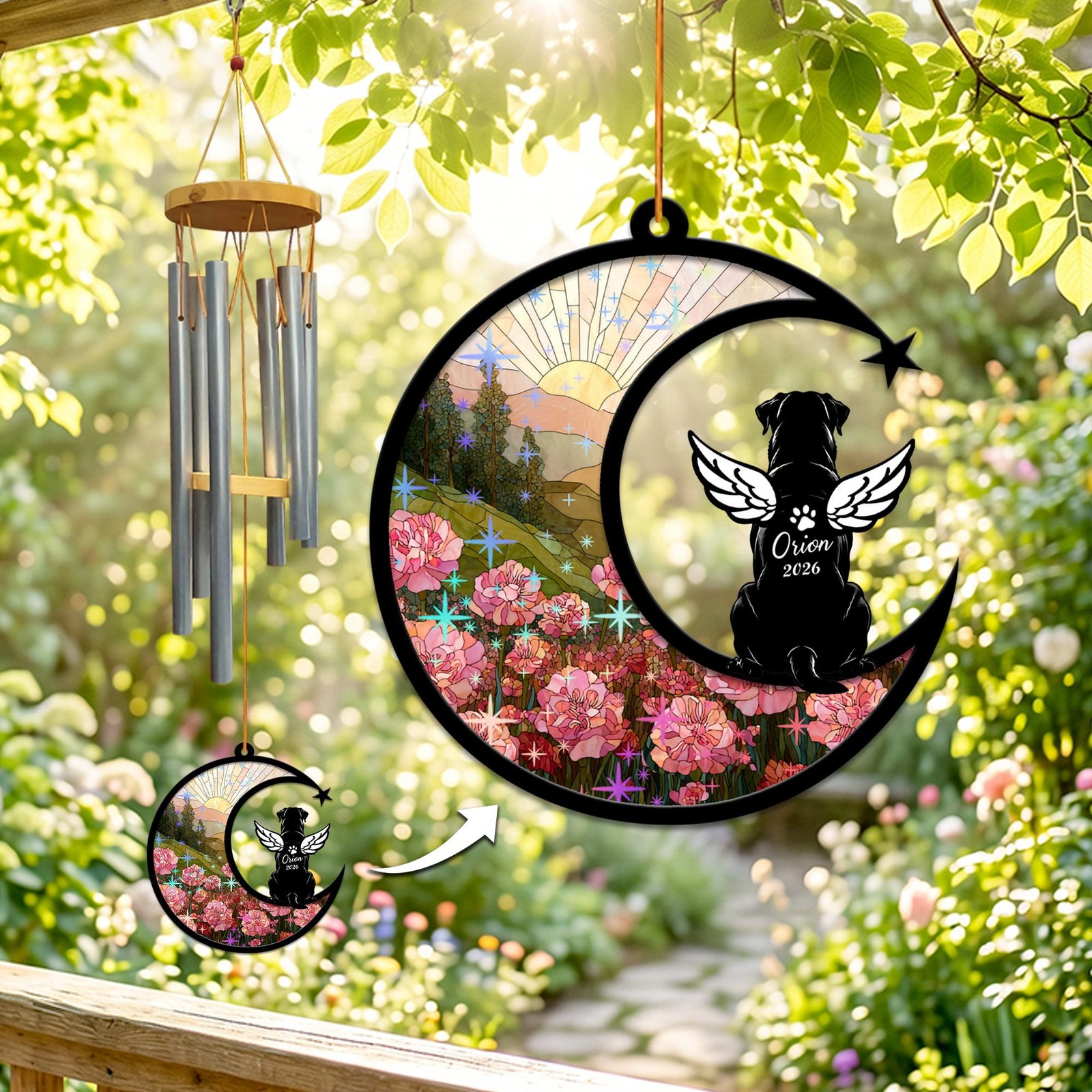 Stained-glass memorial wind chime suncatcher showing a Rottweiler silhouette with angel wings sitting on a crescent moon over sparkling pink carnations