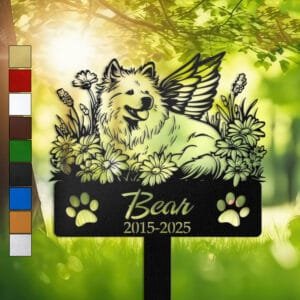 Samoyed silhouette with angel wings surrounded by a daisy floral border on a personalized metal garden stake, with paw print cutouts at the base.