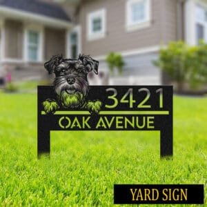 Personalized Schnauzer address sign mounted on a brick wall, reading 3421 Oak Avenue