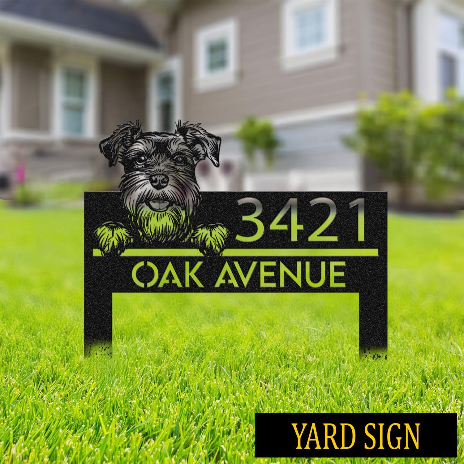 Personalized Schnauzer address sign mounted on a brick wall, reading 3421 Oak Avenue
