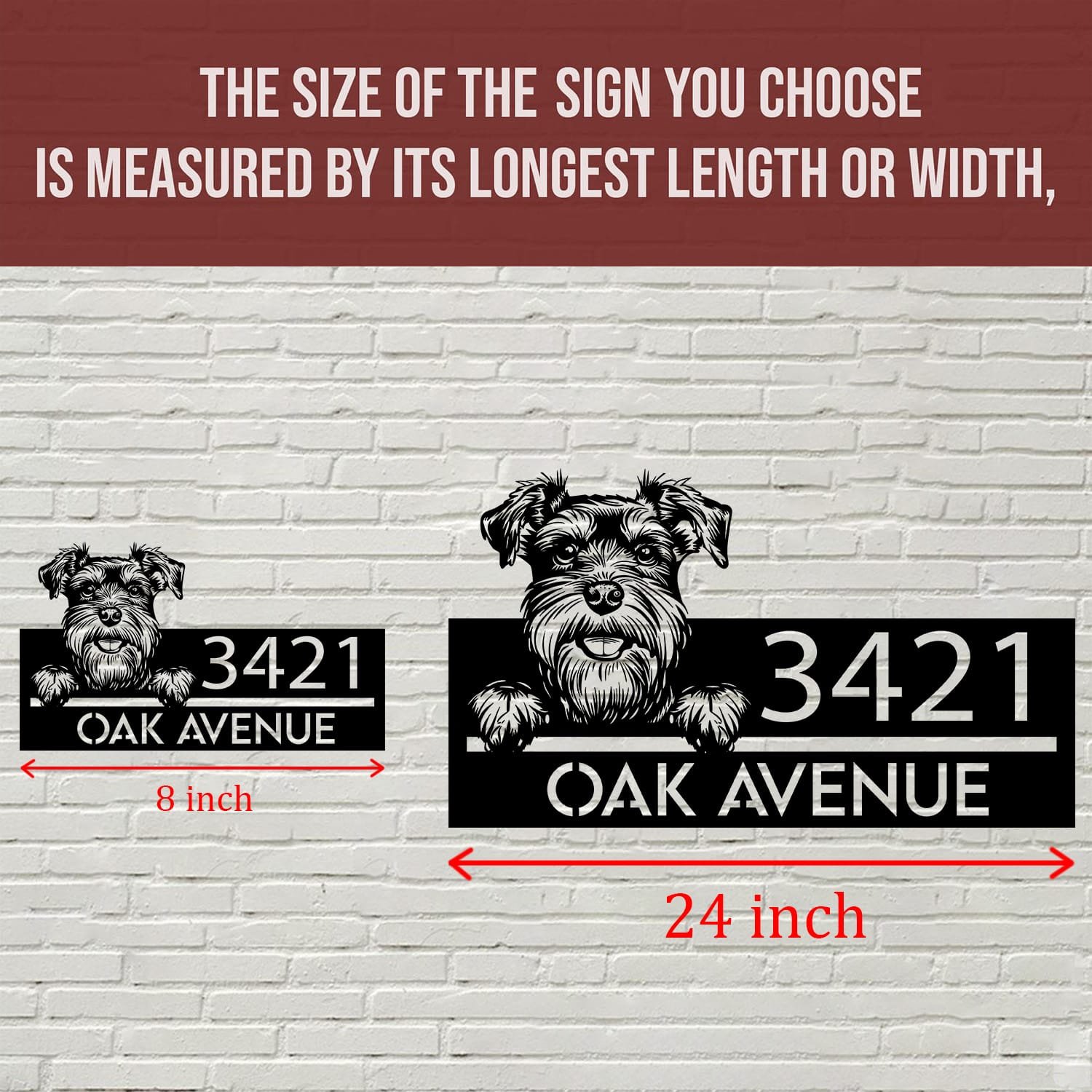 Size comparison chart showing the Schnauzer address sign at 8 inch and 24 inch sizes