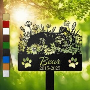 Schnauzer silhouette with angel wings surrounded by a daisy floral border on a personalized metal garden stake, with paw print cutouts at the base.
