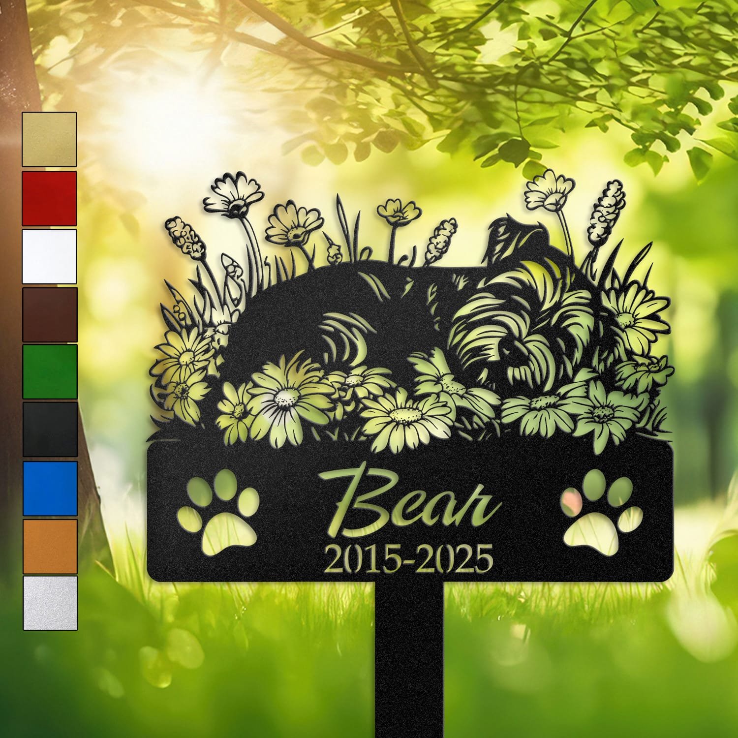 Schnauzer silhouette with angel wings surrounded by a daisy floral border on a personalized metal garden stake, with paw print cutouts at the base.