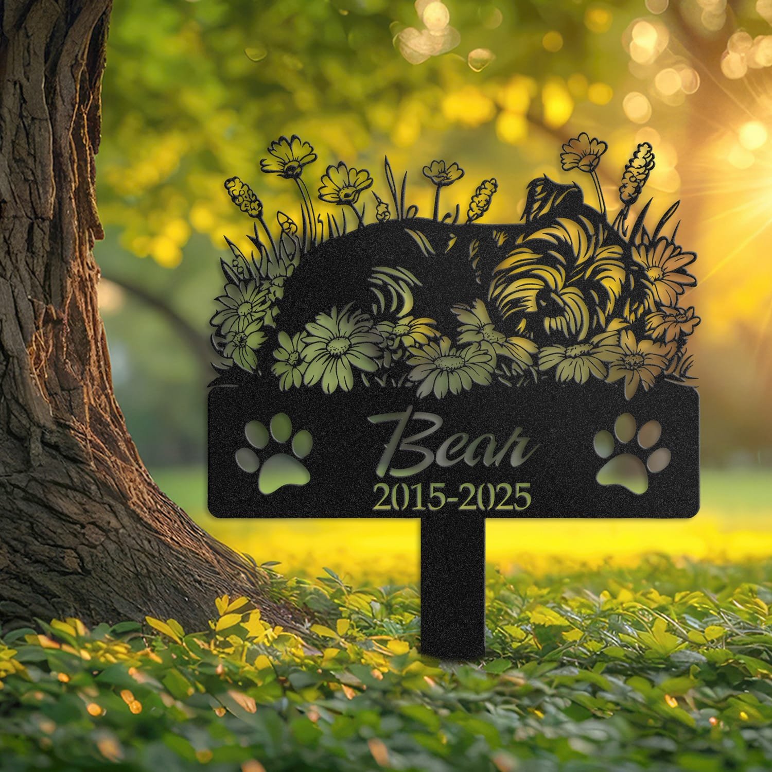 Schnauzer pet grave marker displayed outdoors in a garden setting, showing the personalized angel wings and daisy floral design in place on the stake.