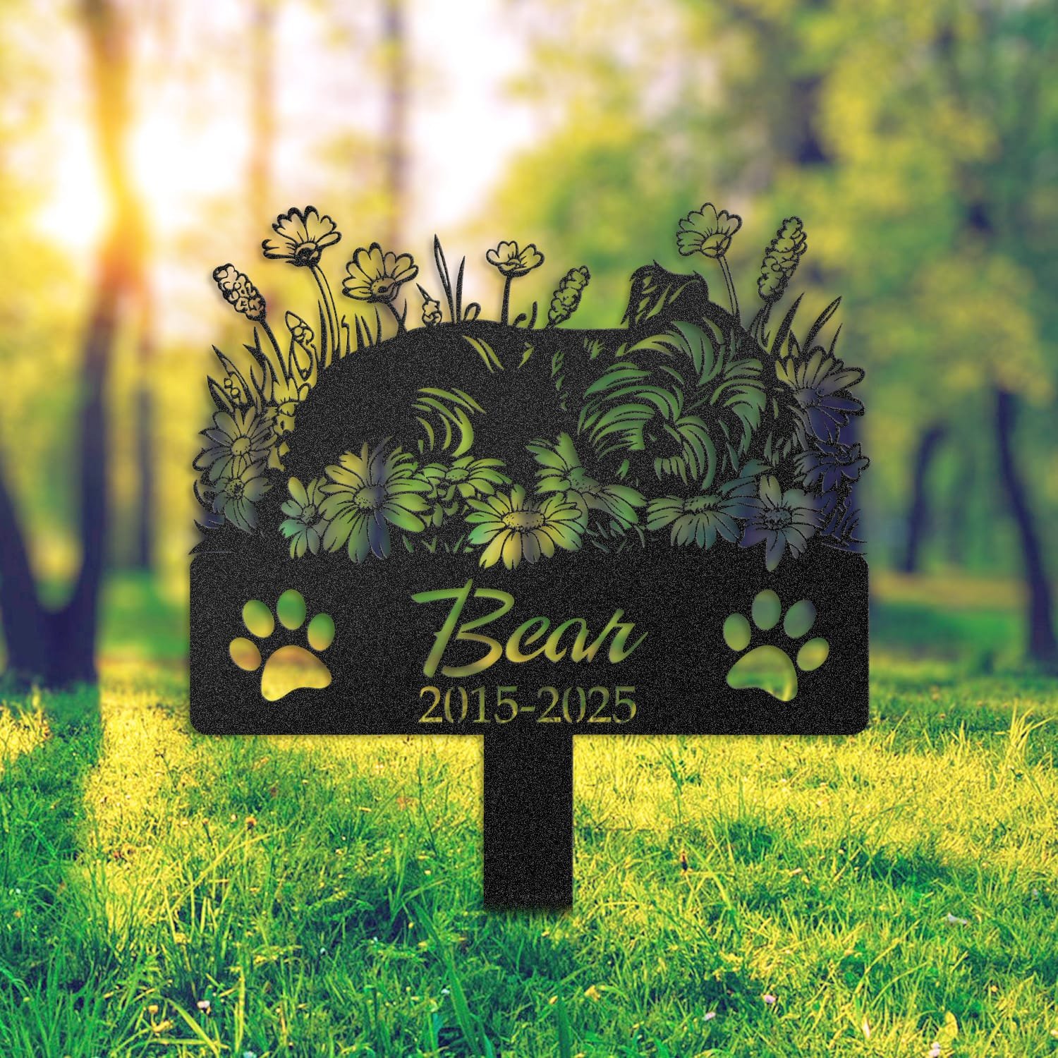 Schnauzer pet grave marker staged near a home entryway, showing the finished angel wings and daisy floral design and name plate outdoors.