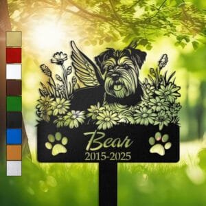 Schnauzer resting in a peaceful sleeping pose within a daisy floral border on a personalized metal garden stake, with paw print cutouts at the base.