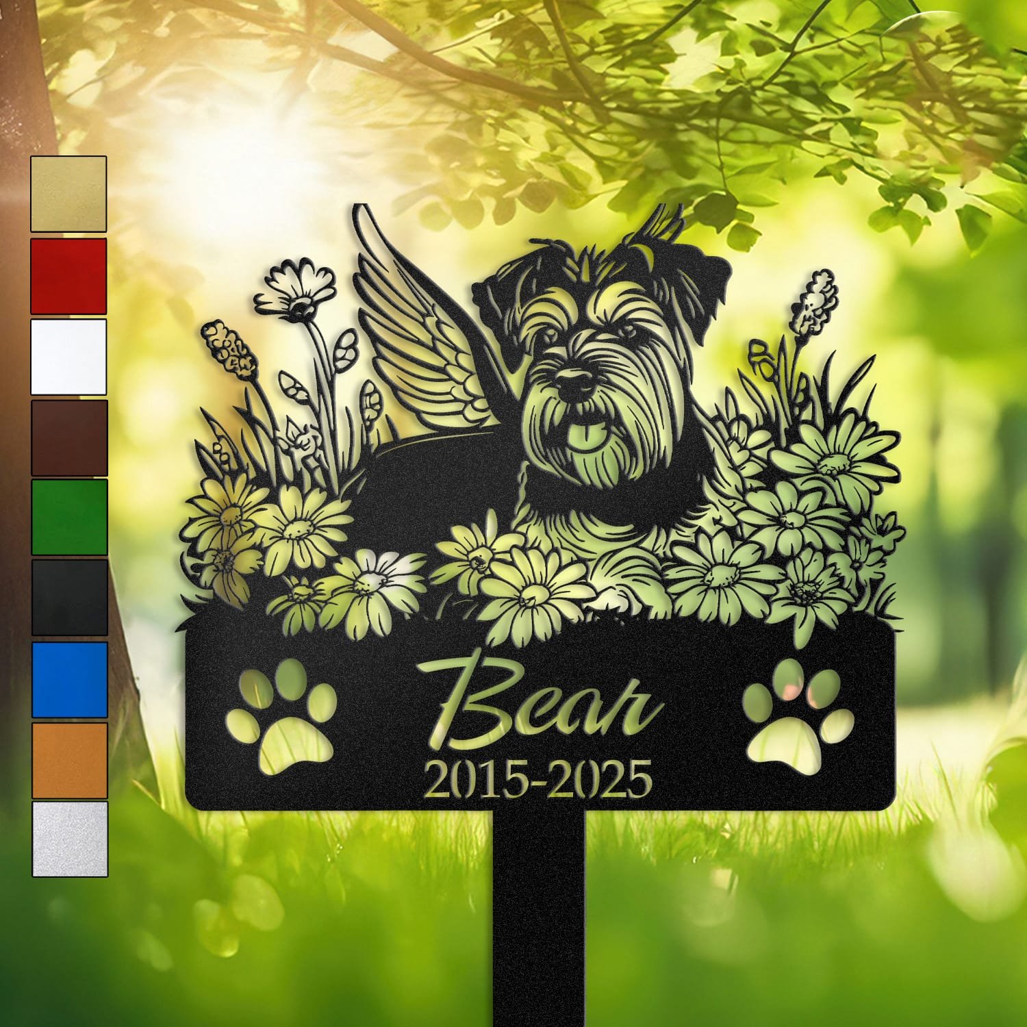 Schnauzer resting in a peaceful sleeping pose within a daisy floral border on a personalized metal garden stake, with paw print cutouts at the base.