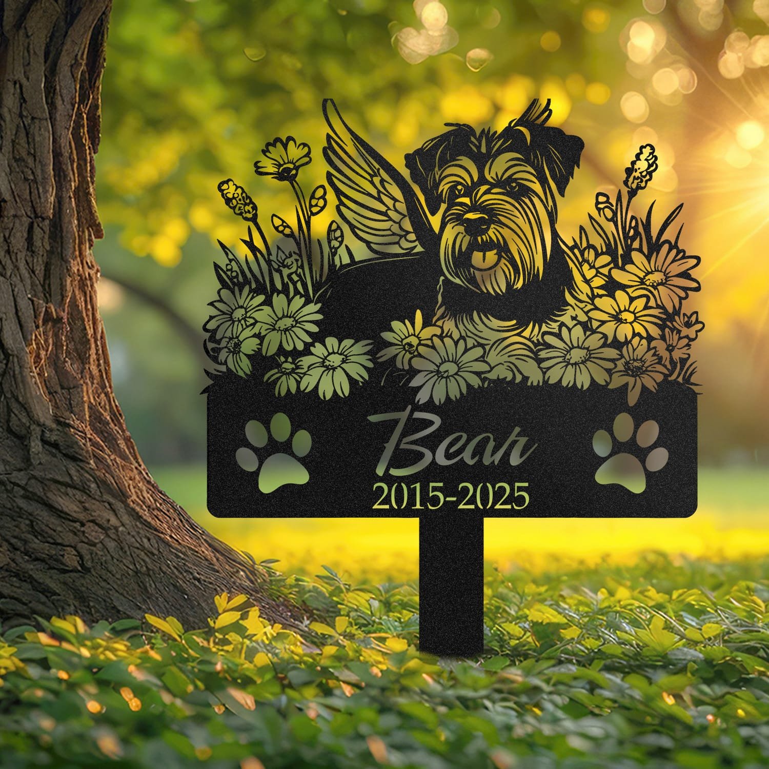 Schnauzer pet grave marker displayed outdoors in a garden setting, showing the personalized sleeping-pose daisy floral design in place on the stake.