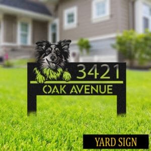 Personalized Shetland Sheepdog address sign mounted on a brick wall, reading 3421 Oak Avenue