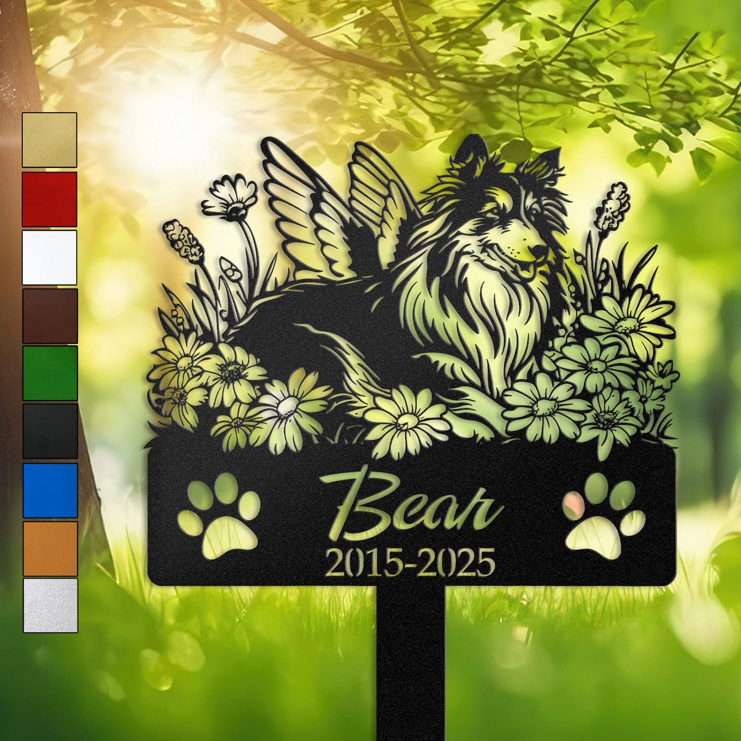 Shetland Sheepdog silhouette with angel wings surrounded by a daisy floral border on a personalized metal garden stake, with paw print cutouts at the base.