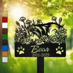 Shetland Sheepdog resting in a peaceful sleeping pose within a daisy floral border on a personalized metal garden stake, with paw print cutouts at the base.
