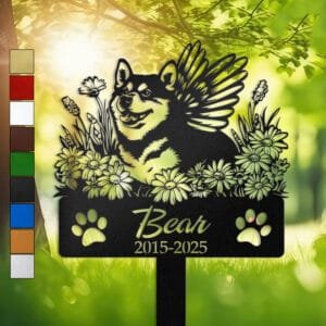 Shiba Inu silhouette with angel wings surrounded by a daisy floral border on a personalized metal garden stake, with paw print cutouts at the base.