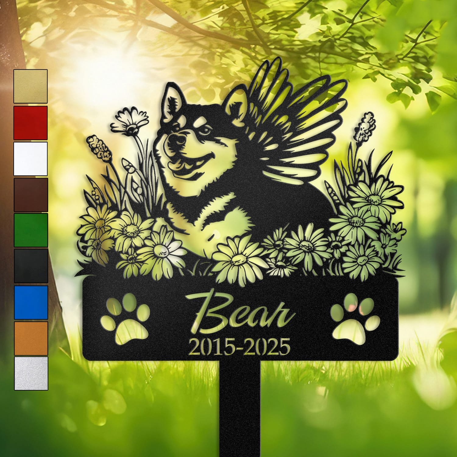 Shiba Inu silhouette with angel wings surrounded by a daisy floral border on a personalized metal garden stake, with paw print cutouts at the base.