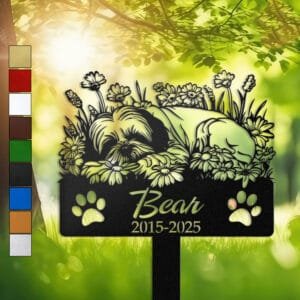Shih Tzu resting in a cozy sleeping pose within a daisy floral border on a personalized metal garden stake, with paw print cutouts at the base.