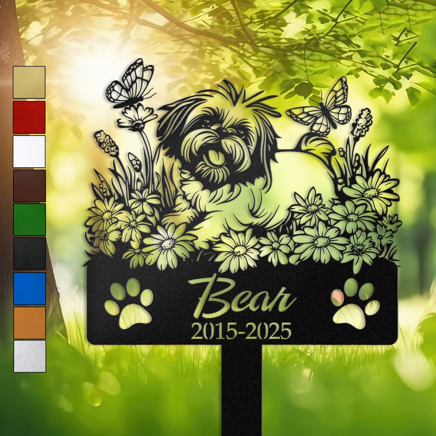 Shih Tzu sitting among daisy florals with butterflies fluttering above, on a personalized metal garden stake with paw print cutouts at the base.