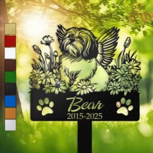 Shih Tzu silhouette with angel wings surrounded by a daisy floral border on a personalized metal garden stake, with paw print cutouts at the base.