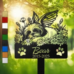 Shih Tzu silhouette with angel wings surrounded by a daisy floral border on a personalized metal garden stake, with paw print cutouts at the base.