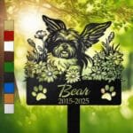 Shih Tzu silhouette with angel wings surrounded by a daisy floral border on a personalized metal garden stake, with paw print cutouts at the base.
