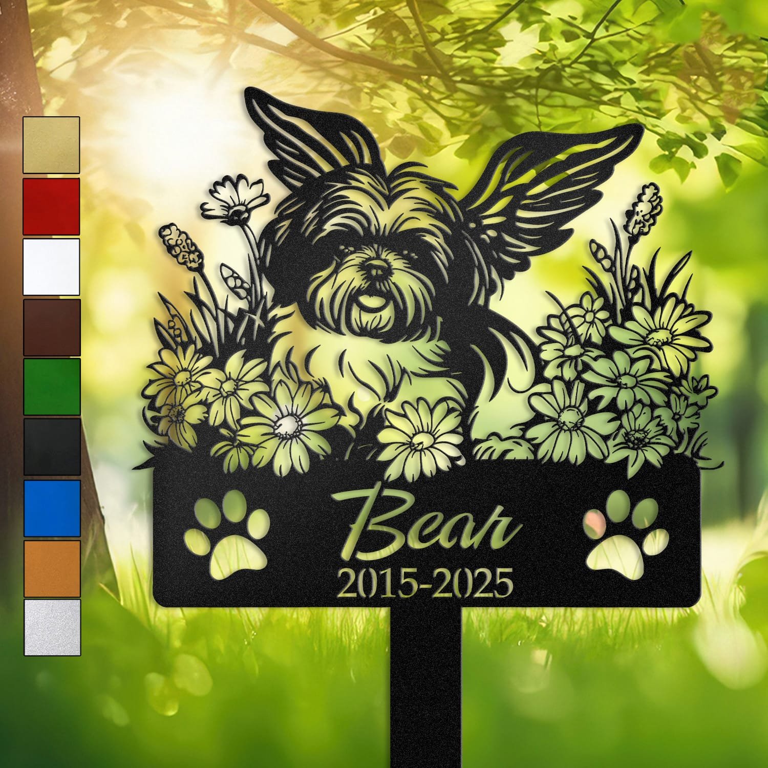 Shih Tzu silhouette with angel wings surrounded by a daisy floral border on a personalized metal garden stake, with paw print cutouts at the base.