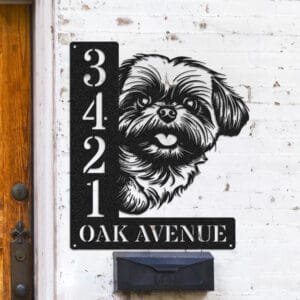 Personalized Shih Tzu address sign with a fluffy Shih Tzu face peeking over a vertical house number plaque reading 3421 Oak Avenue