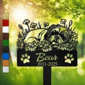 Shih Tzu resting in a peaceful sleeping pose within a daisy floral border on a personalized metal garden stake, with paw print cutouts at the base.