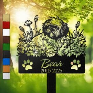 Shih Tzu resting in a restful sleeping pose within a daisy floral border on a personalized metal garden stake, with paw print cutouts at the base.