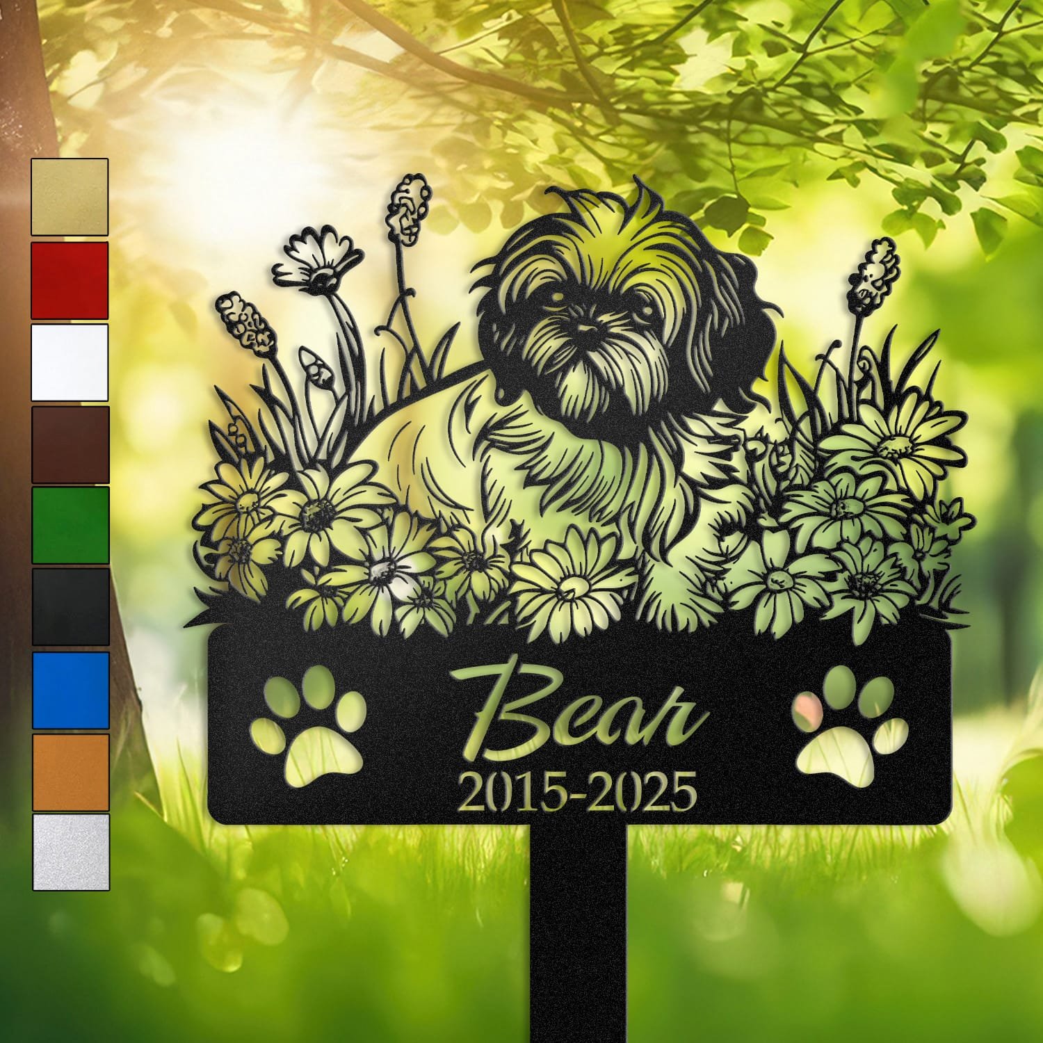 Shih Tzu resting in a restful sleeping pose within a daisy floral border on a personalized metal garden stake, with paw print cutouts at the base.