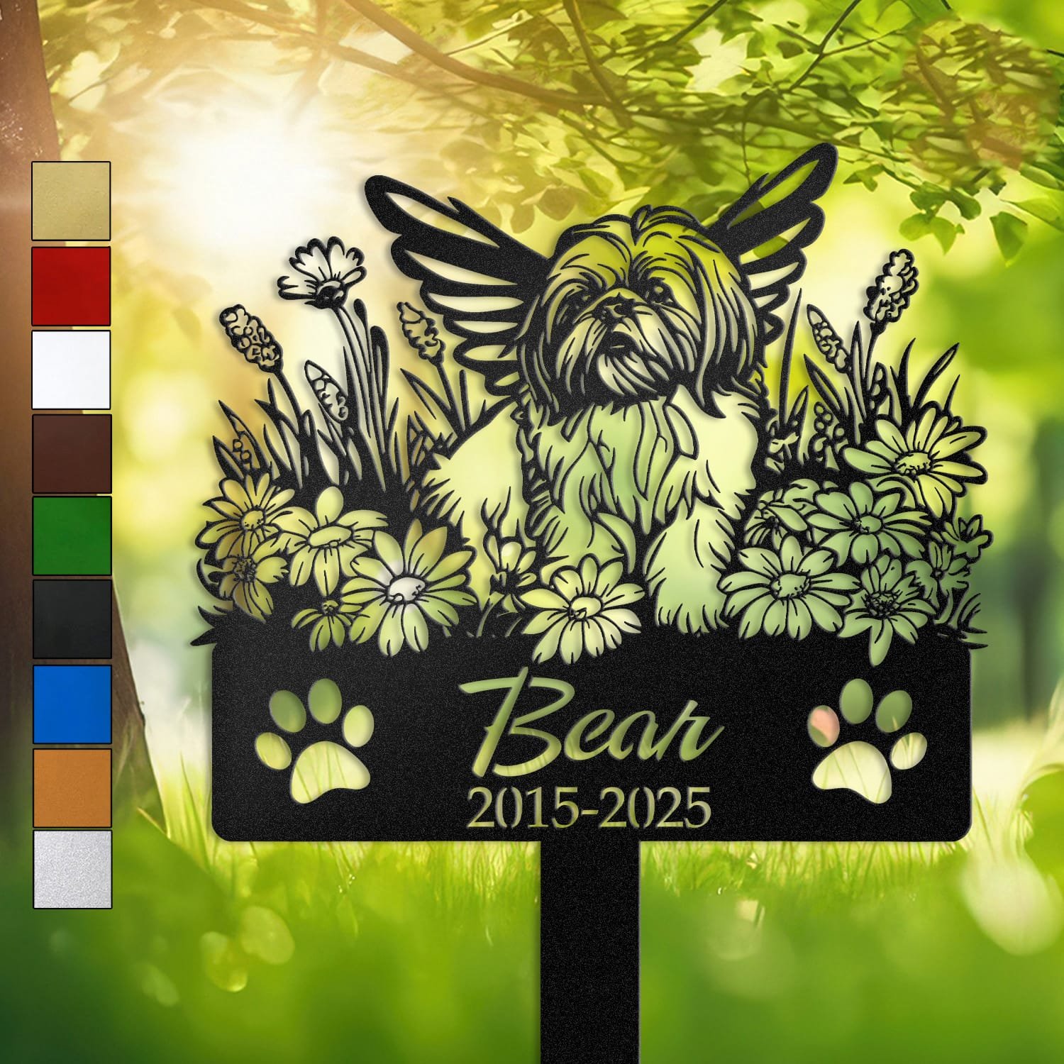 Shih Tzu silhouette with angel wings surrounded by a daisy floral border on a personalized metal garden stake, with paw print cutouts at the base.