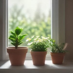 A small pet memorial garden in terracotta pots on a sunny windowsill, an idea for small-space memorial gardens