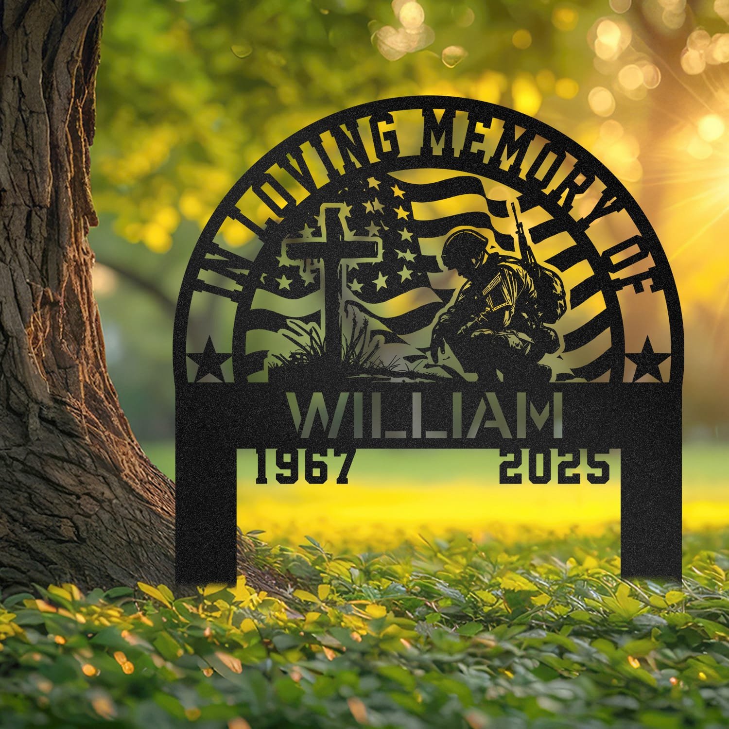 Soldier human grave marker displayed outdoors in a garden setting, showing the personalized design in place on the stake.