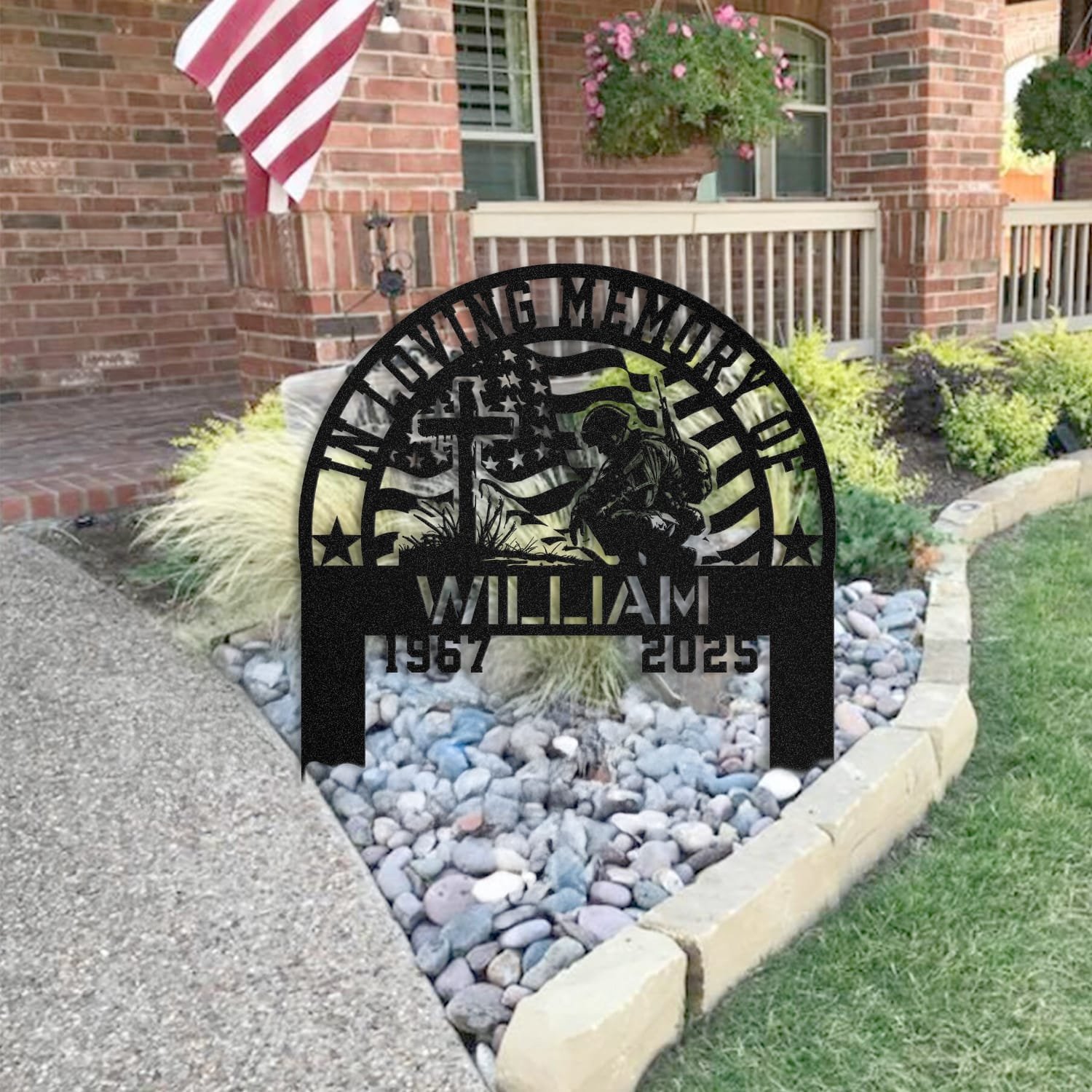 Soldier human grave marker staged near a home entryway, showing the finished design and personalization outdoors.