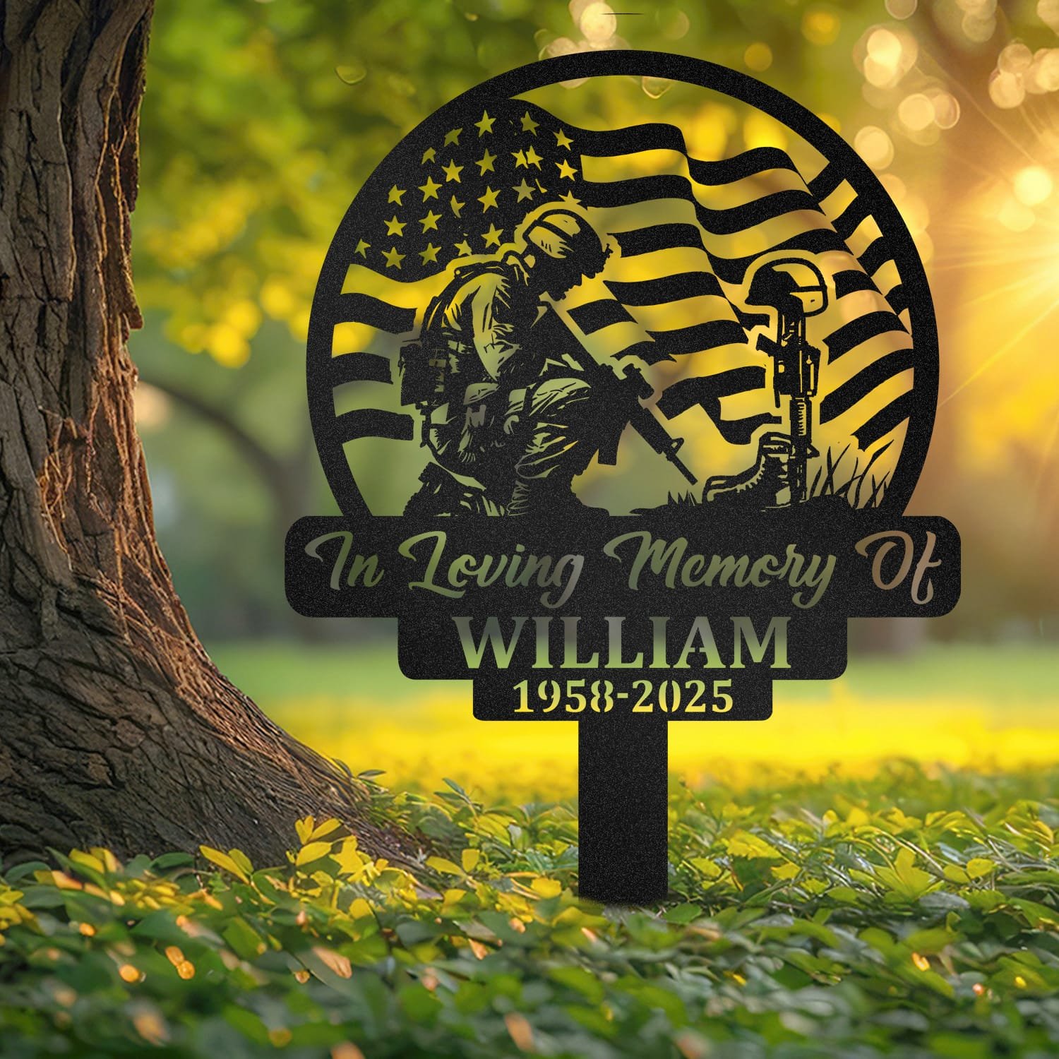 Soldier human grave marker displayed outdoors in a garden setting, showing the personalized design in place on the stake.