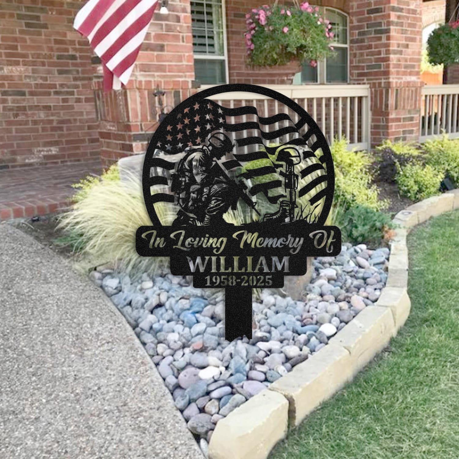Soldier human grave marker staged near a home entryway, showing the finished design and personalization outdoors.