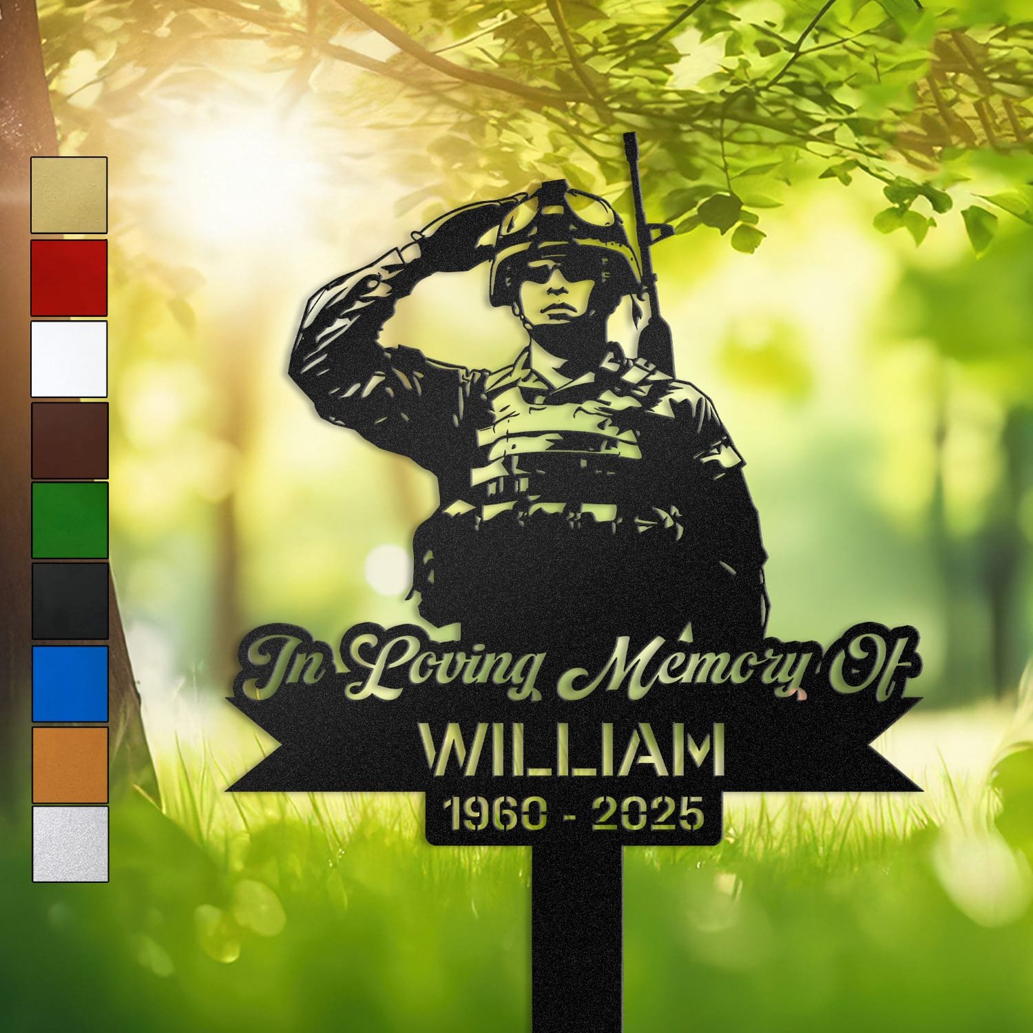 Metal memorial design of a soldier standing at salute, set within a circular medallion frame and engraved with 'In Loving Memory Of', personalized with a name and memorial years.