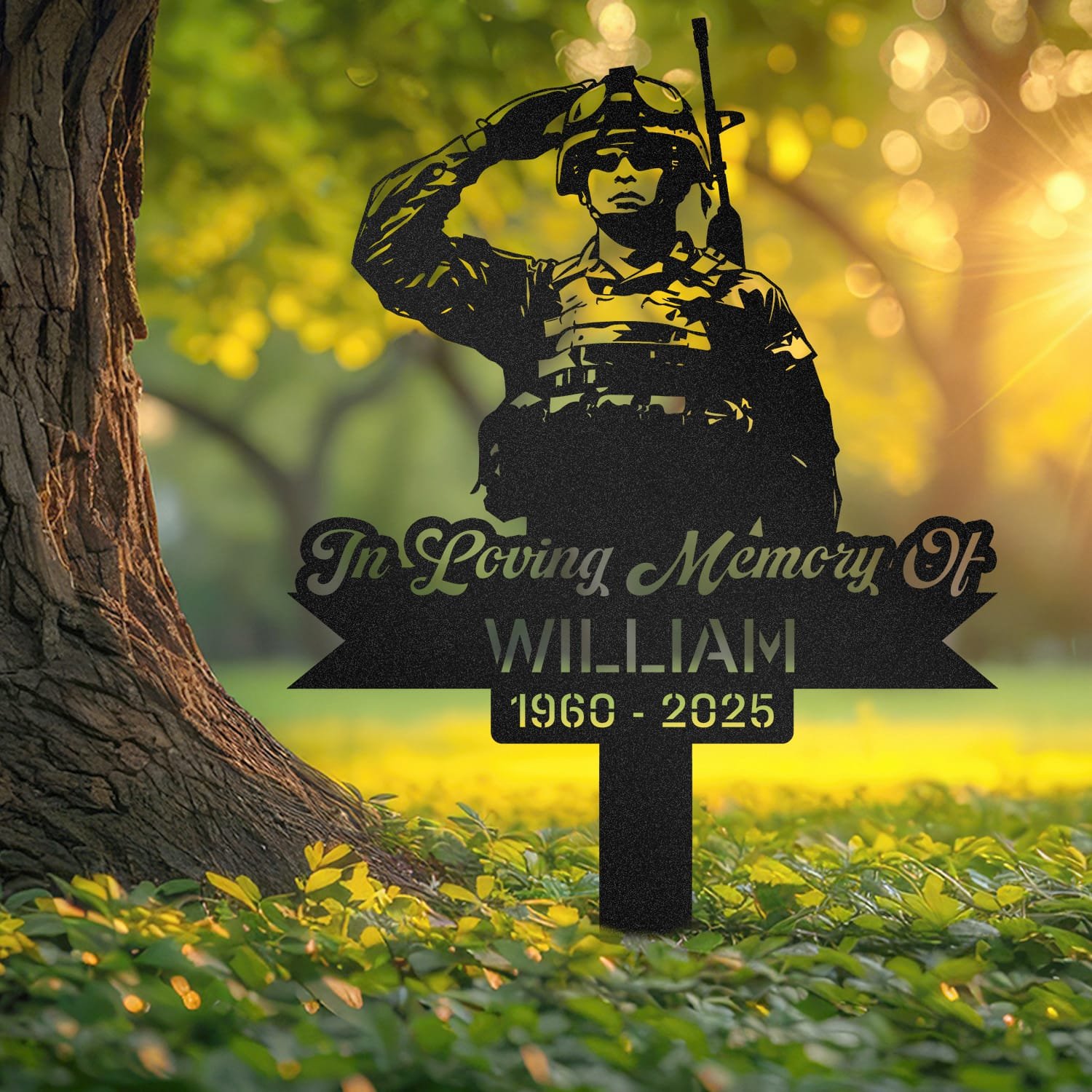 Soldier human grave marker displayed outdoors in a garden setting, showing the personalized design in place on the stake.