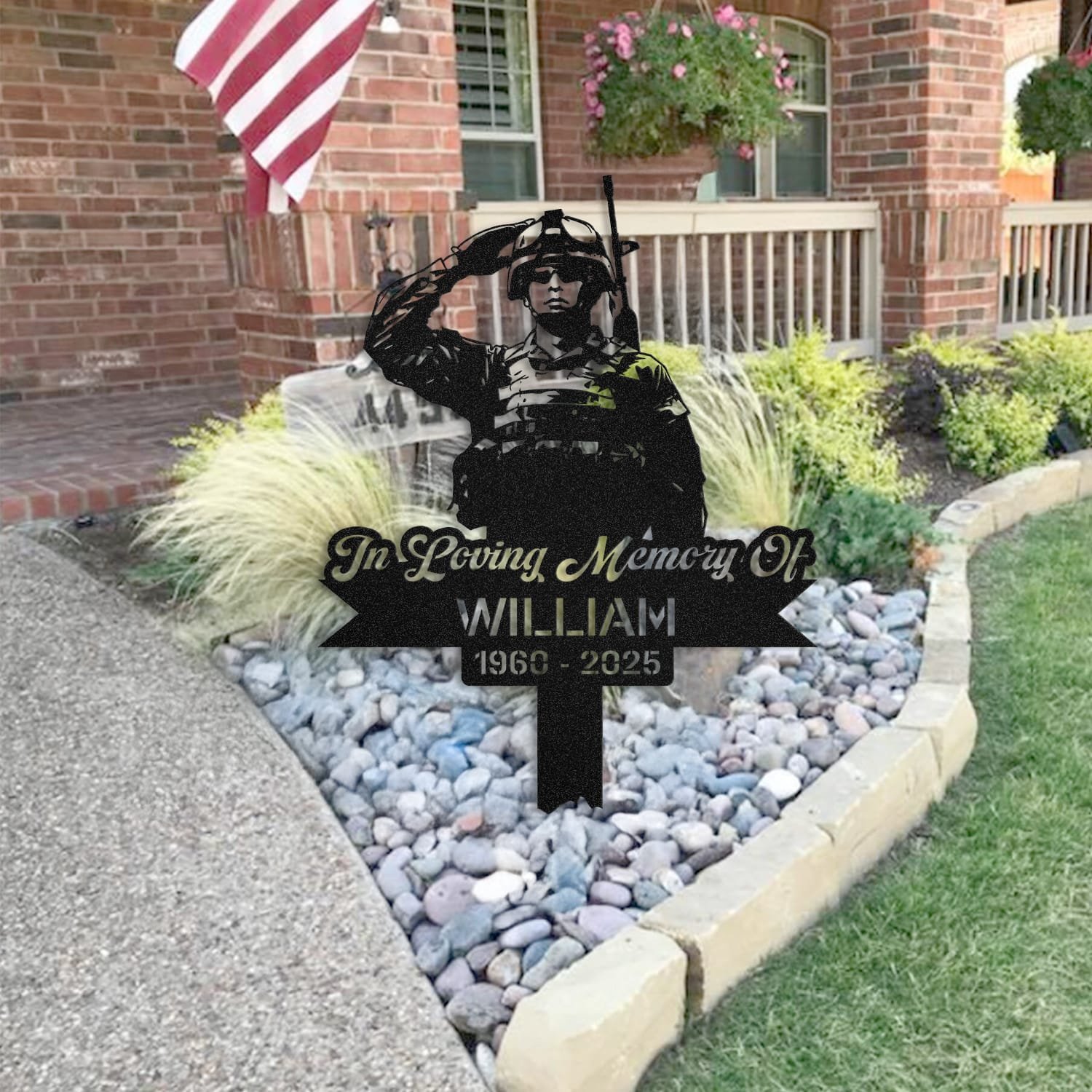 Soldier human grave marker staged near a home entryway, showing the finished design and personalization outdoors.