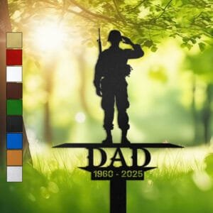 Metal memorial design of a soldier standing at salute, engraved with 'DAD' and personalized with memorial years.
