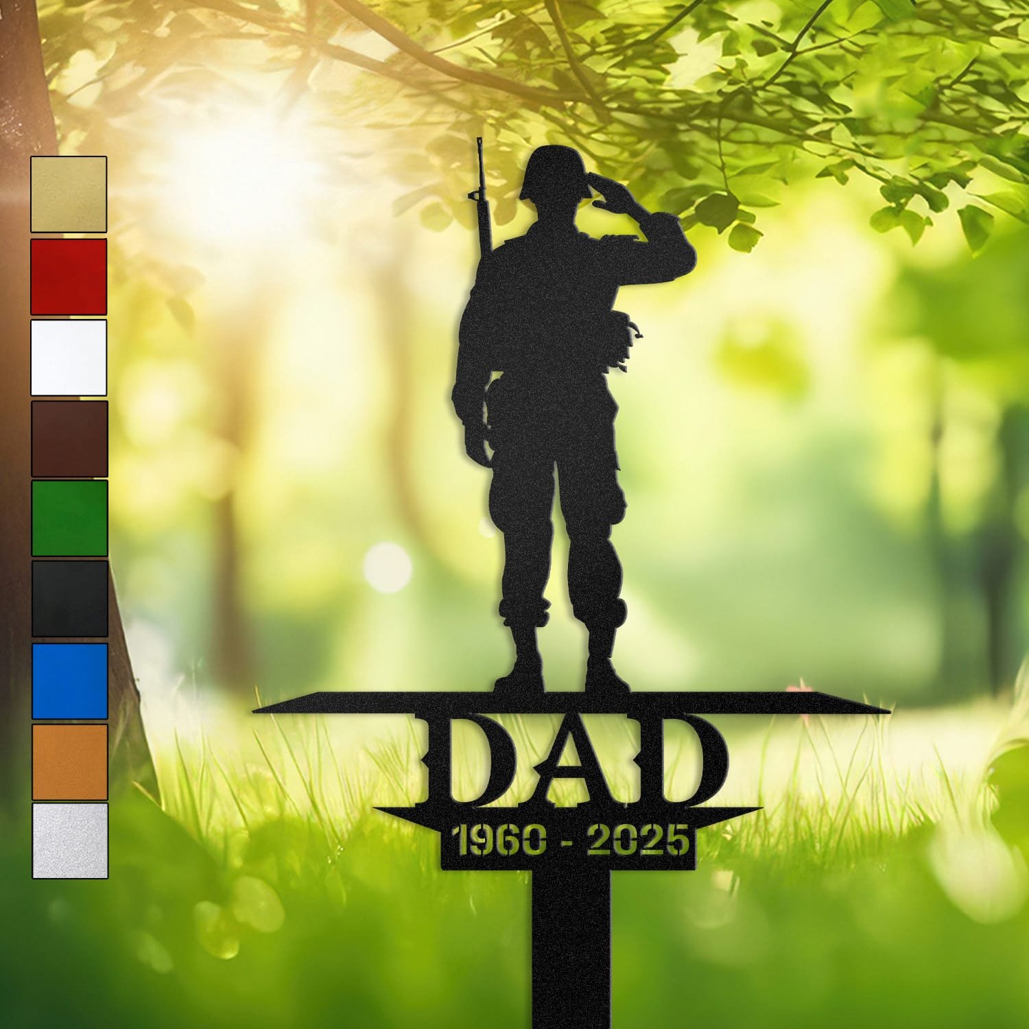 Metal memorial design of a soldier standing at salute, engraved with 'DAD' and personalized with memorial years.